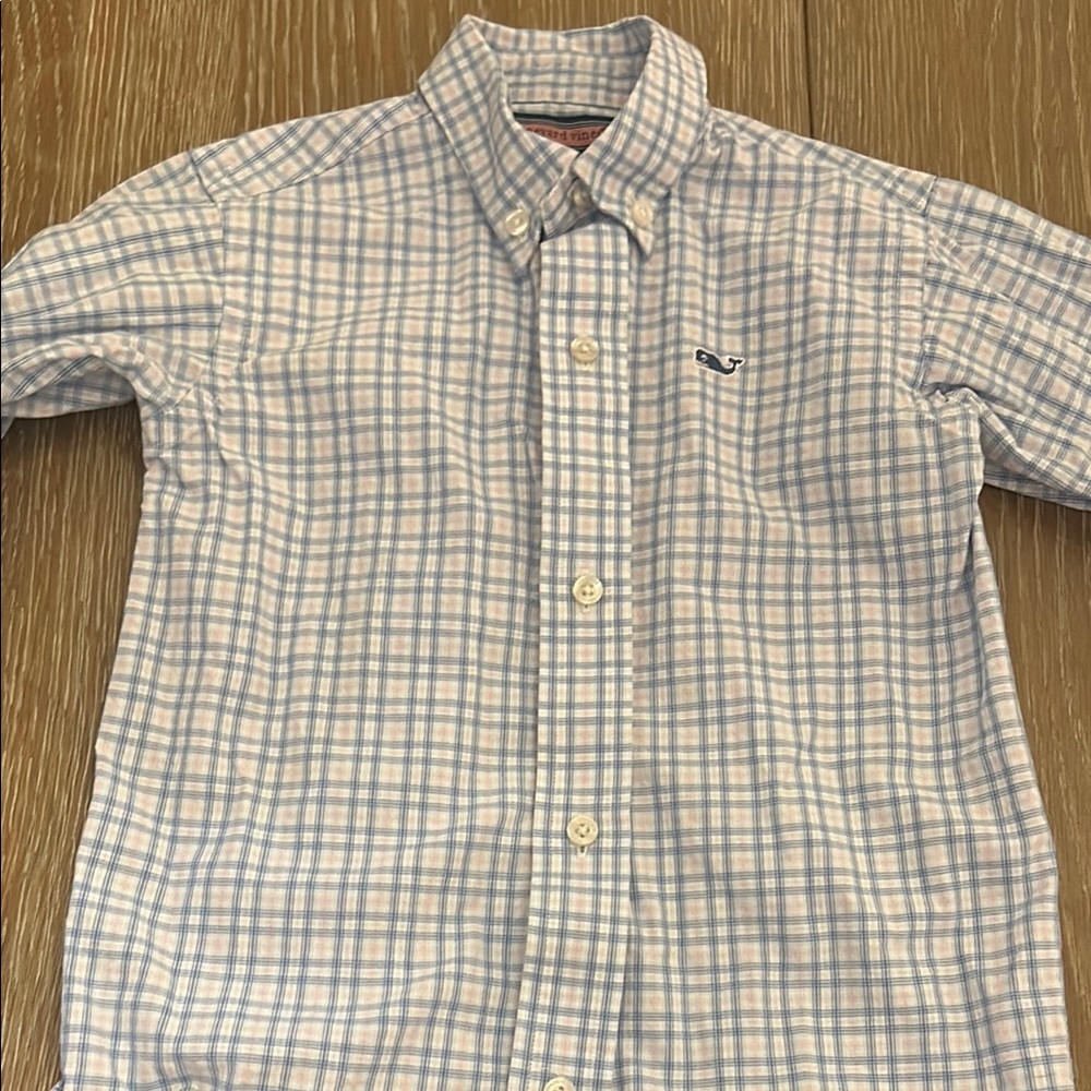 Boys Vineyard Vines Light Blue, White, Pink Plaid Button Down Shirt